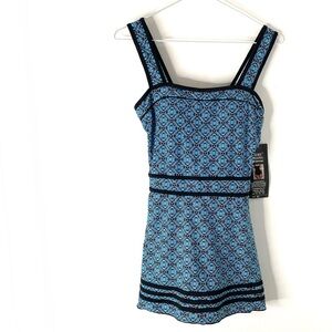 ShoreShapes Blue Black Swim Dress Built In Bra Flare Hem Skirted Swimsuit NWT